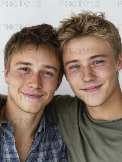 Two smiling young men in casual clothes pose in a friendly manner against a wall, symbolising same-sex relationships, love, marriage, LGBTQ, AI generated, AI generated