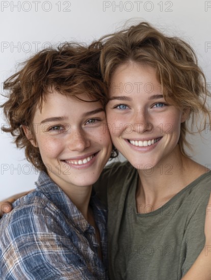 Two smiling woman in casual clothes pose friendly on a wall, symbolic image for same-sex relationship, love, marriage, LGBTQ, AI generated, AI generated