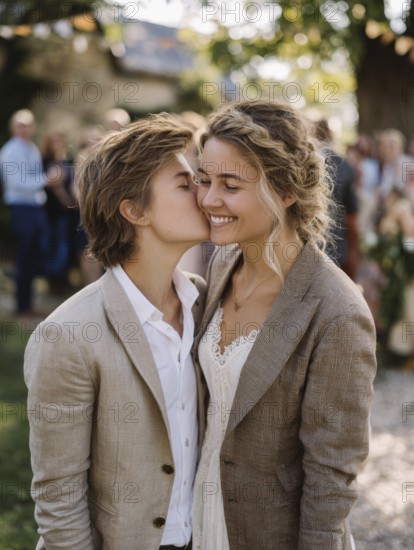 A same-sex couple in a suit, one kissing the other on the cheek, surrounded by guests outdoors, symbolic image for same-sex marriage, love, LGBTQ, AI generated, AI generated