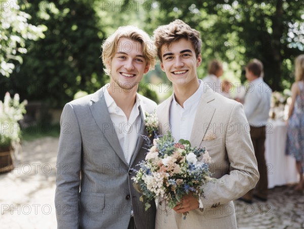 A same-sex couple in a suit, one kissing the other on the cheek, surrounded by guests outdoors, symbolic image for same-sex marriage, love, LGBTQ, AI generated, AI generated