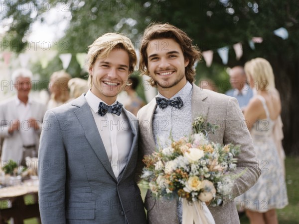 A male couple in a suit, one kissing the other on the cheek, surrounded by guests outdoors, symbolising same-sex marriage, love, LGBTQ, AI generated, AI generated