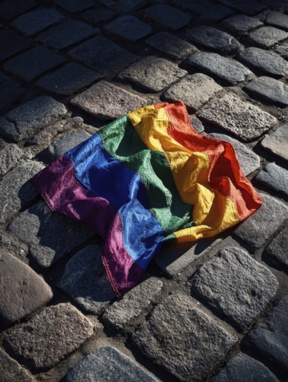 A rainbow flag lies on cobblestones in the sun, surrounded by shadows, symbolising equality, tolerance and diversity, AI generated