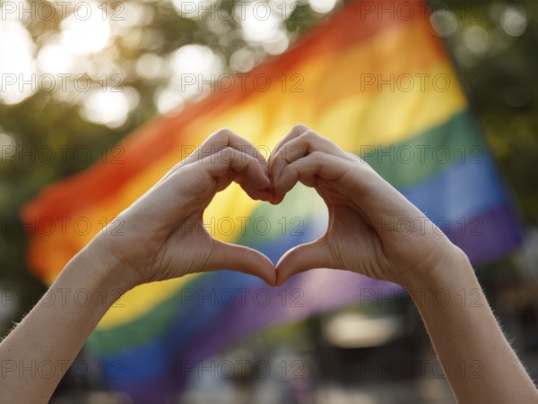 Two hands form a heart in front of a waving rainbow flag in the sunlight, symbolising equality, tolerance and diversity, AI generated, AI generated