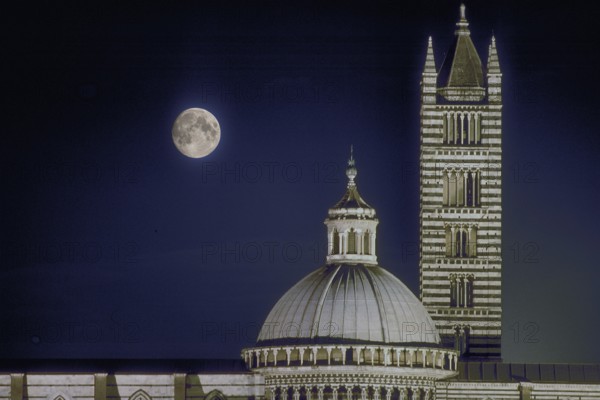 Night shot with full moon of the cathedral of Siena, Siena, Tuscany, Italy