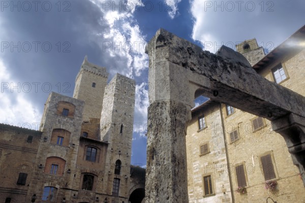 View of the towers, market square, San Gimignano, Tuscany, Italy