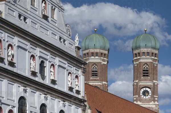 Towers of the Church of Our Lady in Munich, St Michael's Church on the left, Munich, Bavaria, Germany