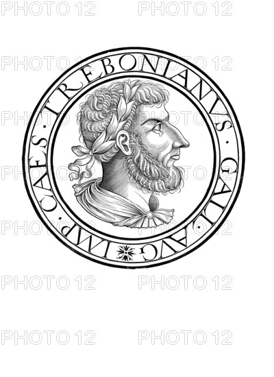 Gaius Vibius Trebonianus Gallus (born 206 in Perusia, died August 253) was Roman Emperor between 251 and 253 together with his son Volusianus, authentic, digitally restored reproduction from a 19th century original, record date not stated