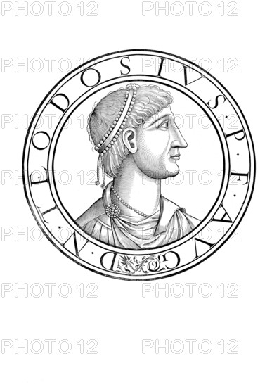 Theodosius I, Flavius Theodosius, (born 11 January 347 in Cauca, Hispania, died 17 January 395 in Mediolanum, today's Milan), also Theodosius the Great, Theodosius Magnus), was Roman emperor from 379 to 395 and the last emperor to rule the entire Roman Empire, authentic, digitally restored reproduction from a 19th century original, record date not stated