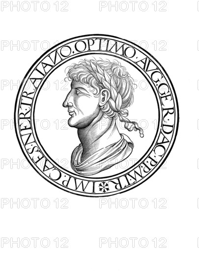 Trajan (born 18 September 53, perhaps Italica, died 8 August 117 in Selinus, Cilicia) was Roman emperor from January 98 to 117. His birth name was Marcus Ulpius Traianus, as emperor he went by the name Imperator Caesar Nerva Traianus Augustus, authentic, digitally restored reproduction from a 19th century original, record date not stated