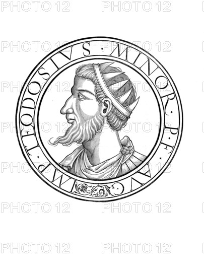 Theodosius II (born 10 April 401 in Constantinople, died 28 July 450 in Constantinople), only son of Aelia Eudoxia and Arcadius, was Eastern Roman Emperor from 408 until his death, authentic, digitally restored reproduction from a 19th century original, record date not stated