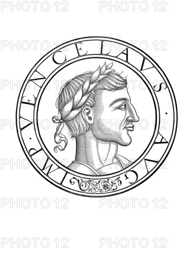 Wenceslas of Luxembourg of the House of Luxembourg, nicknamed the Lazy, (born 26 February 1361 in Nuremberg, died 6 August 1419 at Wenceslas Castle), was King of Bohemia from his coronation as a child in 1363 until his death in 1419 as Wenceslas IV and Roman-German King from 1376 until his deposition in 1400, authentic, digitally restored reproduction from a 19th century original, record date not stated