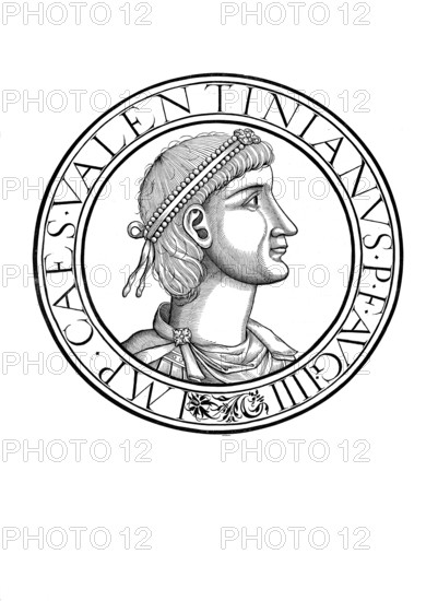 Valentinian III (born 2 July 419 in Ravenna, died 16 March 455 in Rome), full name Flavius Placidius Valentinianus, was emperor of the Western Roman Empire from 425 to 455, authentic, digitally restored reproduction from a 19th century original, record date not stated