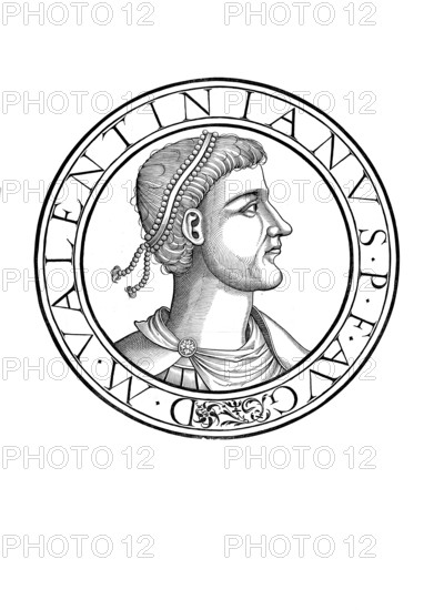 Valentinian II (born autumn 371 probably in Augusta Treverorum, today Trier, died 15 May 392 in Vienne), actually Flavius Valentinianus, was Roman Emperor (Augustus) in the West from 375 until his death, until his death as co-emperor with his half-brother Gratian, authentic, digitally restored reproduction from a 19th century original, record date not stated
