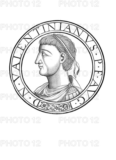Valentinian I, Flavius Valentinianus, (born 321 in Cibalae, died 17 November 375 in Brigetio) was Roman emperor in the west of the empire from 364 to 375, authentic, digitally restored reproduction from a 19th century original, record date not stated