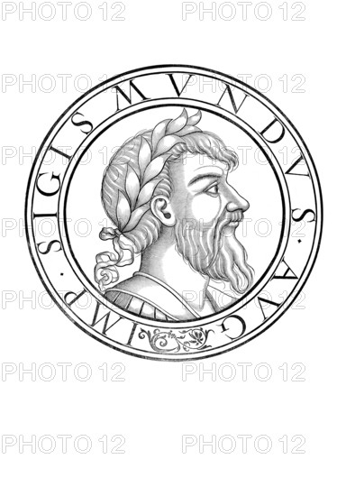 Sigismund of Luxembourg (born 15 February 1368 in the imperial city of Nuremberg, died 9 December 1437 in Znojmo, Moravia), also known as Siegmund or Sigmund, came from the House of Luxembourg. He was Elector of Brandenburg from 1378 to 1388 and from 1411 to 1415, King of Hungary and Croatia from 1387, Roman-German King from 1411, King of Bohemia from 1419 and Roman-German Emperor from 1433 until his death, authentic, digitally restored reproduction from a 19th century original, record date not stated