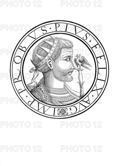 Marcus Aurelius Probus, as Emperor Imperator Caesar M. Aurelius Probus Augustus (born 19 August 232 in Sirmium, Lower Pannonia, died 282 ibid.) was Roman Emperor from 276 to 282, authentic, digitally restored reproduction from a 19th century original, record date not stated