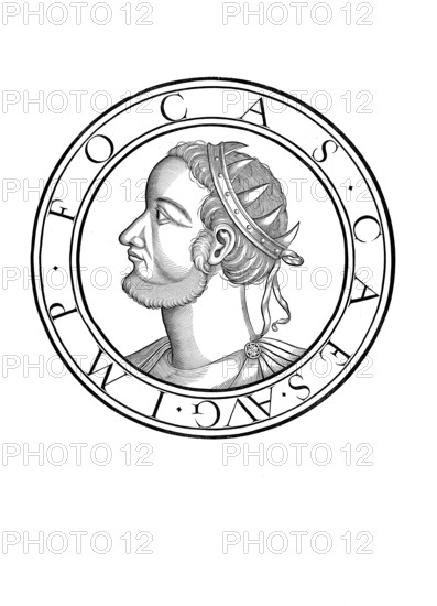 Phokas, Fokas, Focas or Phocas, (born after 547 in Thrace, died 5 October 610 in Constantinople) was emperor of the Eastern Roman or Byzantine Empire from 602 to 610, authentic, digitally restored reproduction from a 19th century original, record date not stated