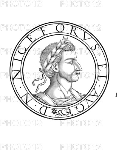 Nikephoros I (born around 760, died 26 July 811 at the Warbiza Pass near Preslaw) was Byzantine emperor from 802 to 811, authentic, digitally restored reproduction from a 19th century original, record date not stated