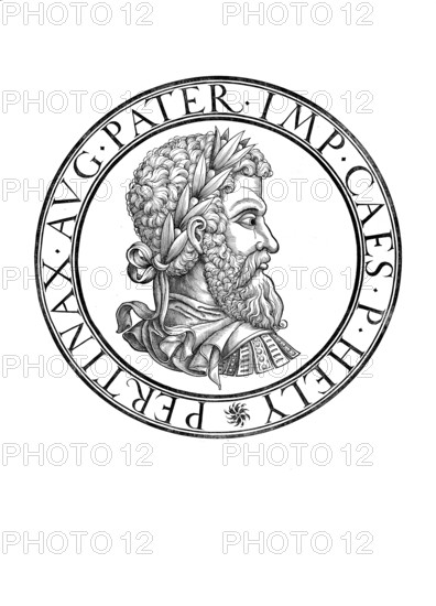 Publius Helvius Pertinax (born 1 August 126 in Alba Pompeia, died 28 March 193 in Rome) was Roman Emperor for three months in 193, authentic, digitally restored reproduction from a 19th century original, record date not stated