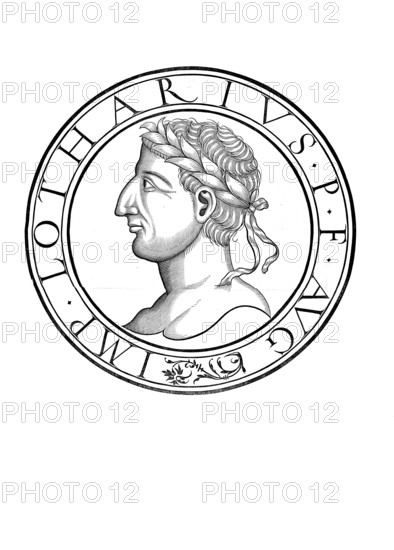 Lothar I (born 795, died 29 September 855 in Prüm Abbey) was King of Bavaria from 814 to 817, Roman Emperor from 817/823 to 855 (as co-emperor until 840), (sub-) king of Italy (king of the Lombards) from 822 to 855 and king of the Frankish Lotharii Regnum from 843 to 855, authentic, digitally restored reproduction from a 19th century original, record date not stated