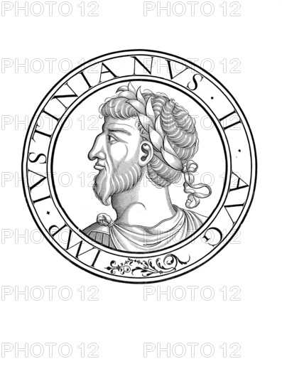 Justinian II, surnamed Rhinotmetos, with the cut-off nose, was Byzantine emperor (685 to 695 and 705 to 711), authentic, digitally restored reproduction from a 19th century original, record date not stated