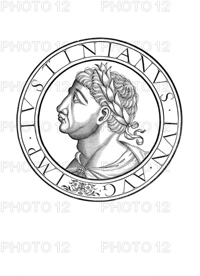 Justin II, Flavius Iustinus, (born 520, died 5 October 578) was Eastern Roman Emperor from 14 November 565 to 5 October 578, authentic, digitally restored reproduction from a 19th century original, record date not stated