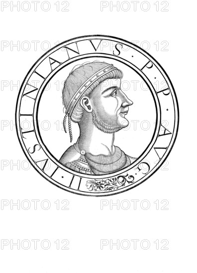 Justinian, Iustinianus, documented in his consular diptychs from the year 521 as Flavius Petrus Sabbatius Iustinianus, was Roman emperor from 1 April and 1 August 527 until his death, authentic, digitally restored reproduction from a 19th century original, record date not stated