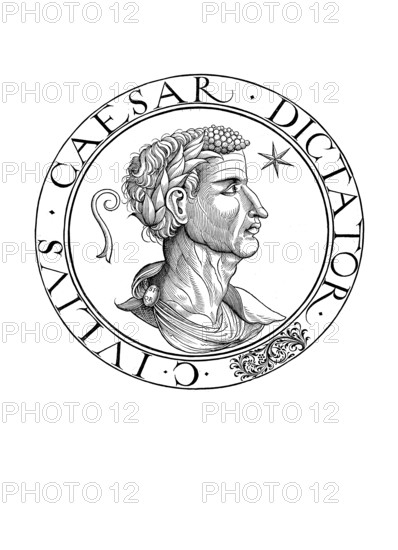 Gaius Iulius Caesar, also Gaius Julius Caesar, (born 13 July 100 BC in Rome, died 15 March 44 BC) was a Roman statesman, general and author who contributed significantly to the end of the Roman Republic and its later transformation into a monocracy, the Principate, Empire, authentic, digitally restored reproduction from a 19th century original, record date not stated