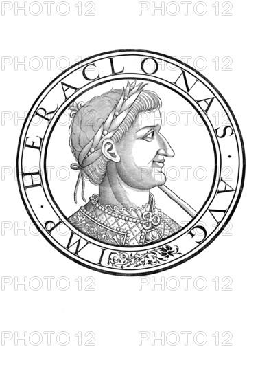 Heraklonas (born 626 in Lasika, died 641 on Rhodes) was emperor of the Eastern Roman Empire for a few months in 641, authentic, digitally restored reproduction from a 19th century original, record date not stated