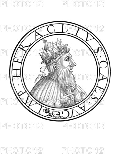 Herakleios, Flavius Heraclius, Flavios Heraklios, (born around 575 in Cappadocia, died 11 February 641 in Constantinople) was Eastern Roman or Byzantine emperor from 5 October 610 until his death, authentic, digitally restored reproduction from a 19th century original, record date not stated