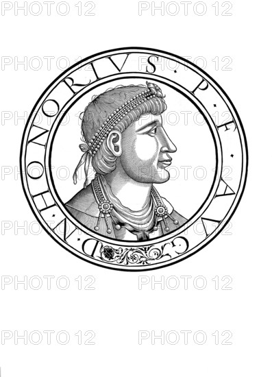 Flavius Honorius (born 9 September 384 in Constantinople, died 15 August 423 in Ravenna) was Western Roman Emperor from 395 to 423, authentic, digitally restored reproduction from a 19th century original, record date not stated