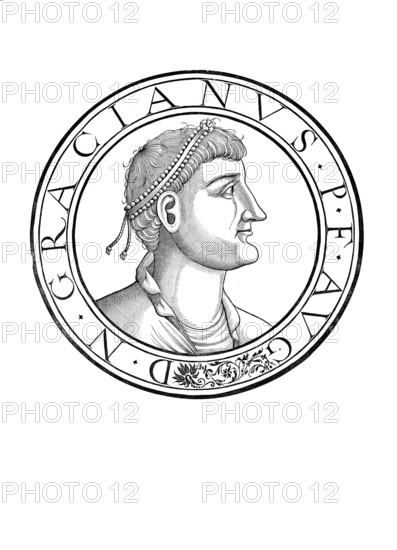 Gratian (born 18 April 359 in Sirmium, died 25 August 383 in Lugdunum), whose full name was Flavius Gratianus, was emperor in the west of the Roman Empire from 375 to 383, but was already appointed co-emperor by his father Valentinian I in 367. Together with Theodosius I, he made Christianity the state religion of the Roman Empire, authentic, digitally restored reproduction from a 19th century original, record date not stated