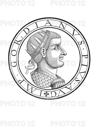 Gordian I (born c. 159, died 20 January 238) was Roman emperor for 20 days in January 238 with his son Gordian II as co-regent, authentic, digitally restored reproduction from a 19th century original, record date not stated