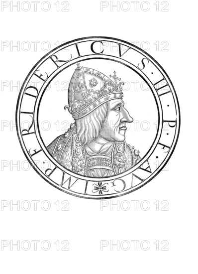 Frederick III (born 21 September 1415 in Innsbruck, died 19 August 1493 in Linz) from the House of Habsburg was as Frederick V Duke of Styria, Carinthia and Carniola from 1424, Duke of Austria from 1439, as Frederick III Roman-German King from 1440 and Emperor of the Holy Roman Empire from 1452 until his death, authentic, digitally restored reproduction from a 19th century original, record date not stated