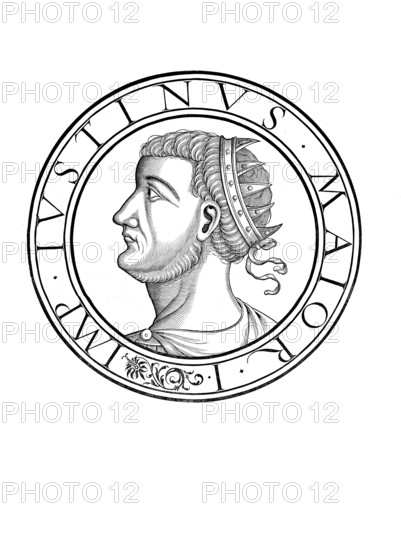 Justin I, Imperator Caesar Flavius Iustinus Augustus, Flavios Ioustinos Augoustos, as emperor also Justin the Great, (born around 450 near Naissus, died 1 August 527 in Constantinople) was Eastern Roman emperor from 518 to 527 and the first ruler of the Justinian dynasty, authentic, digitally restored reproduction from a 19th century original, record date not stated