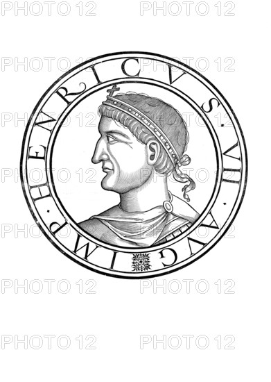 Henry VII (born 1278/79 in Valenciennes, died 24 August 1313 in Buonconvento near Siena) was descended from the House of Limburg-Luxembourg and was Count of Luxembourg and Laroche as well as Margrave of Arlon. He was Roman-German king from 1308 to 1313 and Roman-German emperor from 29 June 1312, authentic, digitally restored reproduction from a 19th century original, record date not stated