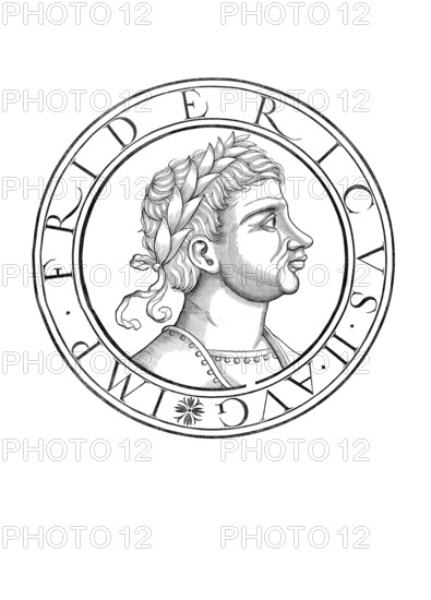 Frederick II, Federico II di Svevia, (born 26 December 1194 in Jesi near Ancona, died 13 December 1250 in Castel Fiorentino near Lucera, Kingdom of Sicily) from the noble family of the Hohenstaufen was King of Sicily from 1198, Roman-German King from 1212 and Emperor of the Roman-German Empire from 1220 until his death, authentic, digitally restored reproduction from a 19th century original, record date not stated