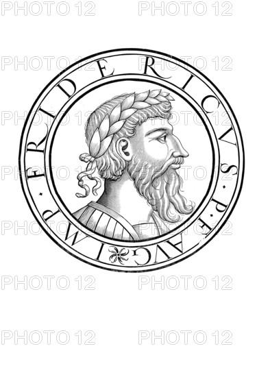 Frederick I, called Barbarossa (born around 1122, died 10 June 1190 in the river Saleph near Seleucia), from the noble family of the Hohenstaufen, was Duke of Swabia from 1147 to 1152 as Frederick III. Duke of Swabia, Roman-German King from 1152 to 1190 and Emperor of the Roman-German Empire from 1155 to 1190, authentic, digitally restored reproduction from a 19th century original, record date not stated