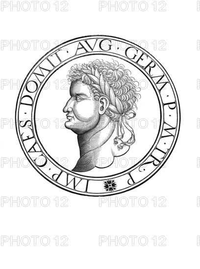 Domitian (born 24 October 51 in Rome, died 18 September 96 in Rome) was Roman Emperor from 14 September 81 until his death, authentic, digitally restored reproduction from a 19th century original, record date not stated