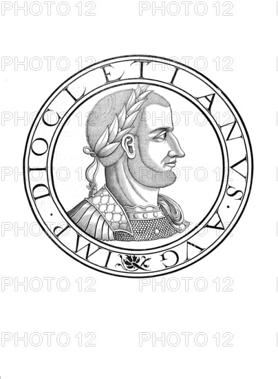 Diocletian, Diocles, Gaius Aurelius Valerius Diocletianus, (born between 236 and 245 in Dalmatia, died around 312 in Spalatum) was Roman Emperor from 284 to 305, authentic, digitally restored reproduction from a 19th century original, record date not stated