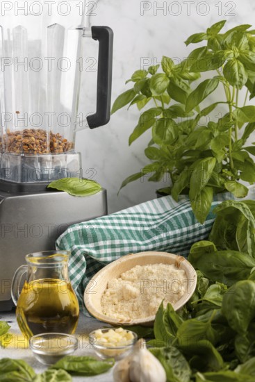 Ingredients for pesto such as basil, sunflower seeds, olive oil and parmesan next to a blender