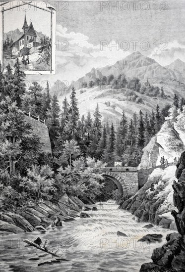 Bridge over the Anterior Rhine near Disentis in 1890, Graubünden, Switzerland, Historic, authentic, digitally restored reproduction from a 19th century original, Record date not stated