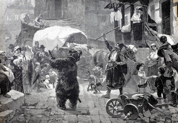 Bear handler with a dancing bear, trained bear, circus has come to town and is giving a performance, 1850, Historical, authentic, digitally restored reproduction from a 19th century original, Record date not stated