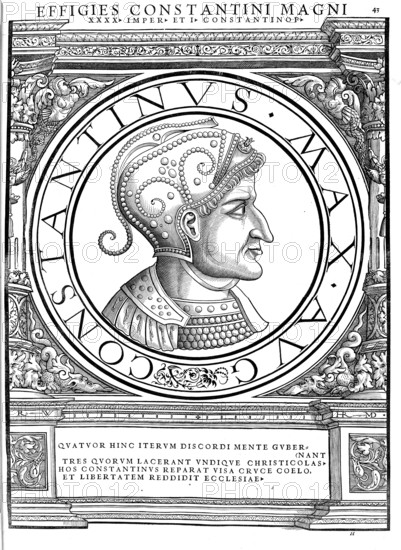 Flavius Valerius Constantinus (born on 27 February between 270 and 288 in Naissus, Moesia Superior, died 22 May 337 in Achyrona), known as Constantine the Great, in the ruler's narrative Constantine I, was Roman emperor from 306 to 337, authentic, digitally restored reproduction from a 19th century original, record date not stated