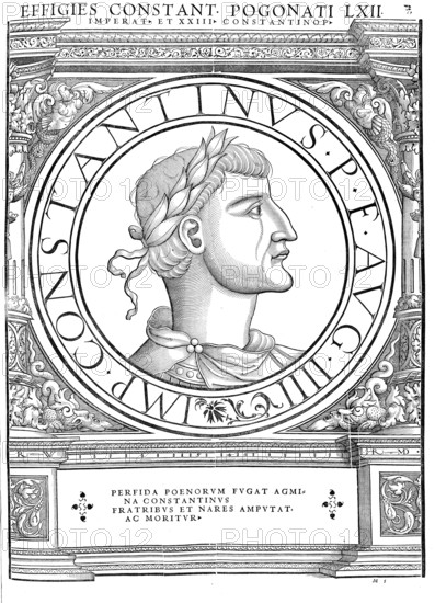 Constans II, Constans, (born 7 November 630, died 15 September 668 in Syracuse), son of Constantine III and Gregoria, was Eastern Roman or Byzantine emperor from 641 to 668, authentic, digitally restored reproduction from a 19th century original, record date not stated