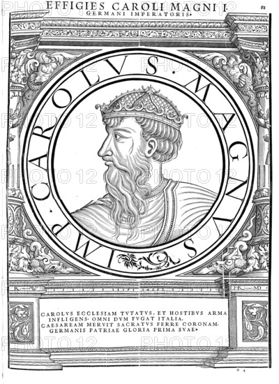 Charlemagne (born probably 2 April 747 or 748, died 28 January 814 in Aachen) was king of the Frankish Empire from 768 to 814. On 25 December 800, he became the first Western European ruler since antiquity to become emperor, authentic, digitally restored reproduction from a 19th century original, record date not stated