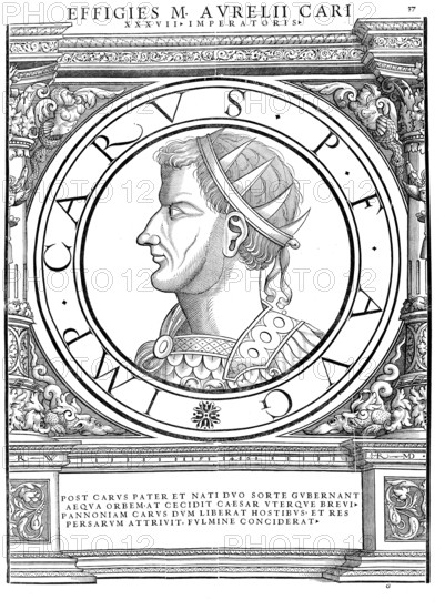 Marcus Aurelius Carus (born around 223 in Narbo Martius, died 283 in Mesopotamia) was Roman emperor from 282 to 283, authentic, digitally restored reproduction from a 19th century original, record date not stated