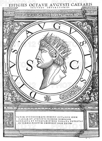 Augustus, Gaius Octavius, (born 23 September 63 BC, died 19 August 14 AD in Nola near Naples) was the first Roman emperor, authentic, digitally restored reproduction from a 19th century original, record date not stated