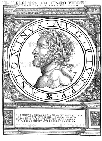 Antoninus Pius (born 19 September 86 near Lanuvium, died 7 March 161 ibid.) was Roman Emperor from 10 July 138 until his death, authentic, digitally restored reproduction from a 19th century original, record date not stated