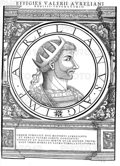 Lucius Domitius Aurelianus (born 9 September 214 in Moesia or Sirmium, Pannonia, died 275 near Caenophrurium, near Byzantium) was Roman emperor from 270 to 275, authentic, digitally restored reproduction from a 19th century original, record date not stated